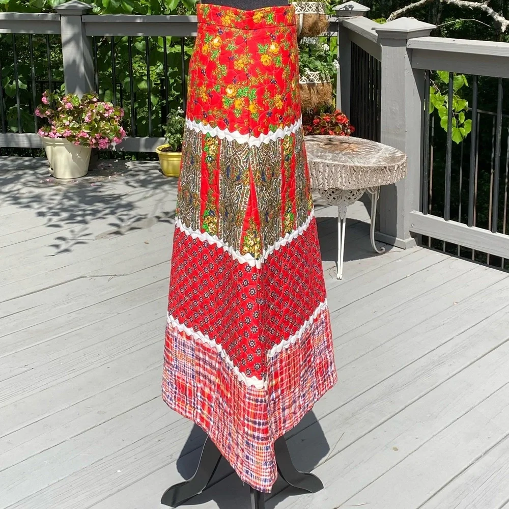 Vintage 60s Metal Zipper Cottagecore Prairie plaid FlorL Quilted Maxi Skirt - Picture 3 of 7